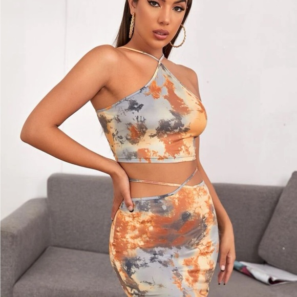 Tie Dye Crop Halter Top & Crisscross Waist Skirt Set - Picture 4 of 15